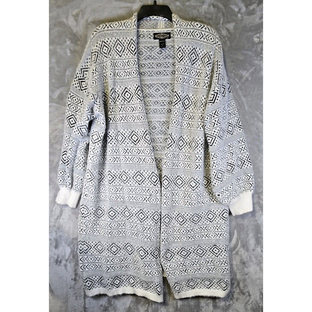 Oliver O Womens Open Front Fuzzy Long Cardigan L White Gray Geometric Aztec